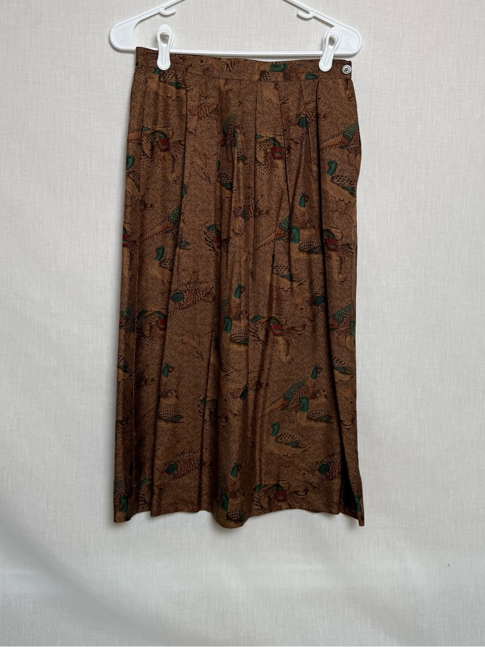 Vintage Skirt Womens 10 Brown Pheasant Duck Bird Print Pleated Midi Made USA
